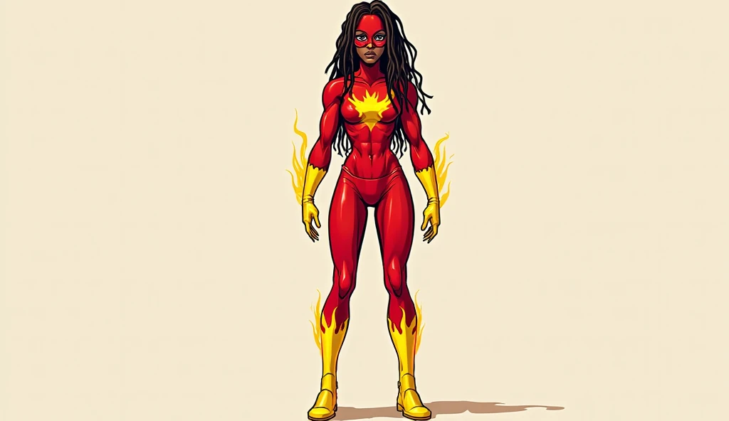 Full body image, front view, of Incandescente Maria de Cássia Lemos is a superheroine, a forty-five year old black Brazilian woman, 1.7 meters tall, dark brown dreadlock hair, dark brown eyes, with an athletic and slender physique, wearing a tight red supe...