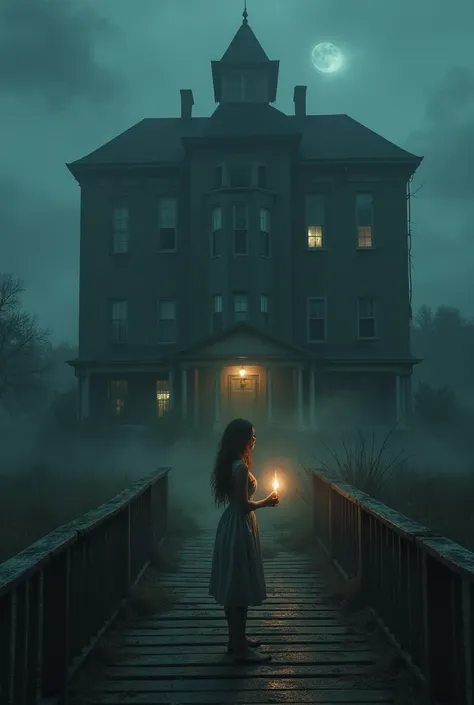 A horrow hounted hotel ,on the porch stand a women whit a candle light in her hand 