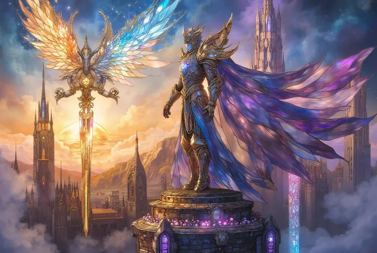 _A high-fantasy illustration in classic Final Fantasy (early series) concept art style. A legendary warrior, the "Guardian of the Sky," stands atop a floating castle, gazing into the horizon. His silver armor gleams with flowing magical energy, adorned wit...