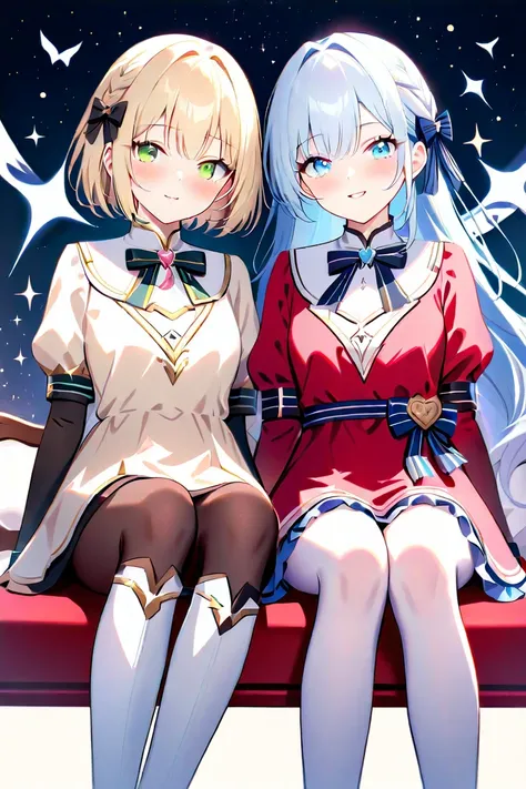  2 girls、Under the night sky、Blond girl sitting quietly 、 with ribbons tied to her long hair 、 softly swaying when illuminated by moonlight 、 The glow of aqua is reflected in her deep green eyes 、 her cheeks are slightly red 、 and her frilly skirt spreads ...