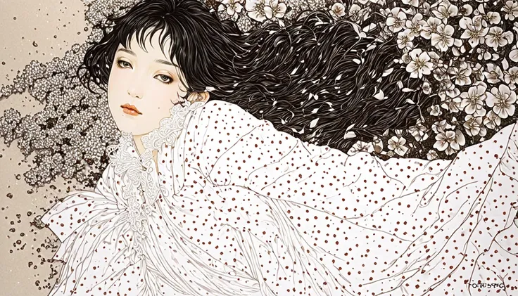  line art 、virgin、Splattered、狂った笑face、Falling Flowers、 Takato Yamamoto style、face、 Flower Art、 white dress 