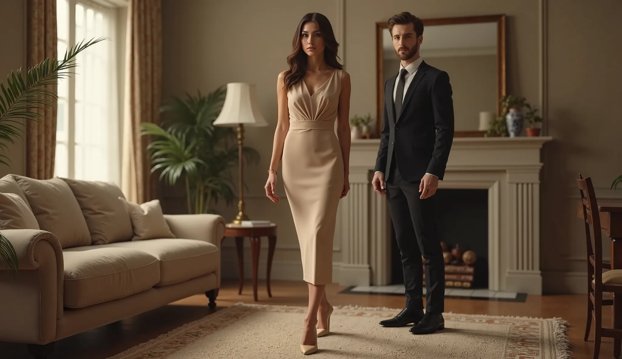  woman , Wearing Beige high-heeled shoes and a dress, arrogant, Northern European appearance. A young man is standing next to him. living room.  realistic image ,  high image quality.