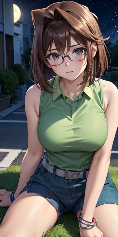  1 female, high definition, high resolution,  ultra-realistic  ,8K, aamazaki, ( hair antenna:1.2),  green shirt glasses,   Sleeveless , bracelet,  belt,  blue shorts,European,sexy, upper body close-up,  photographed from the front , Dynamic Angles , privat...