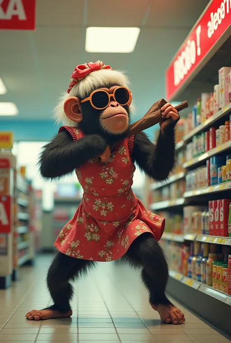 A monkey disguised as a woman assaults an oxxo with a bag