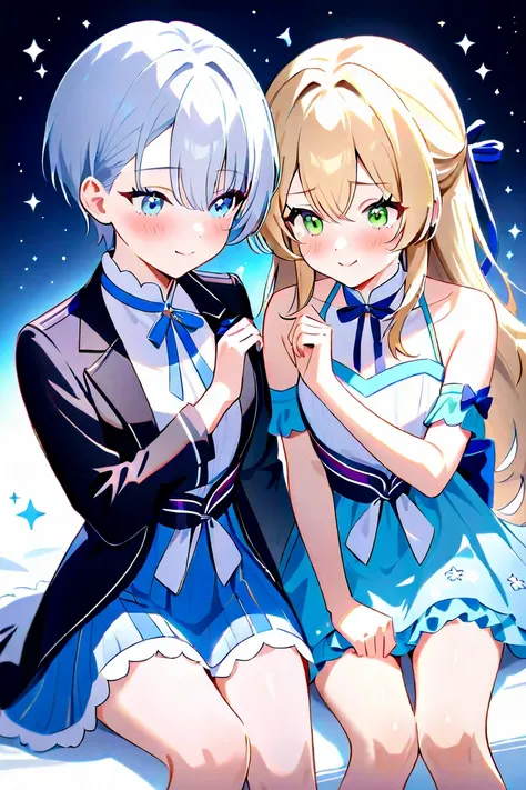  2 girls、Under the night sky、Blond girl sitting quietly 、 with ribbons tied to her long hair 、 softly swaying when illuminated by moonlight 、 The glow of aqua is reflected in her deep green eyes 、 her cheeks are slightly red 、 and her frilly skirt spreads ...