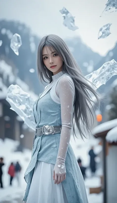 Ice Killing Master 、woman、23 years old、 Gray Hair Super Long Hair 、 There are many giant icicles floating around his body、The background is a snowy mountain 、