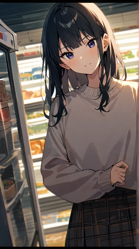  1girl , Alone, casual sweater, plaid skirt, in discount supermarket, (freezer), black hair, shopping, brightly lit, head tilt, dutch angle, blunt bangs, side locks hair, cinematic, thoughtful expression, depth of field, shot from front, masterpiece, high ...