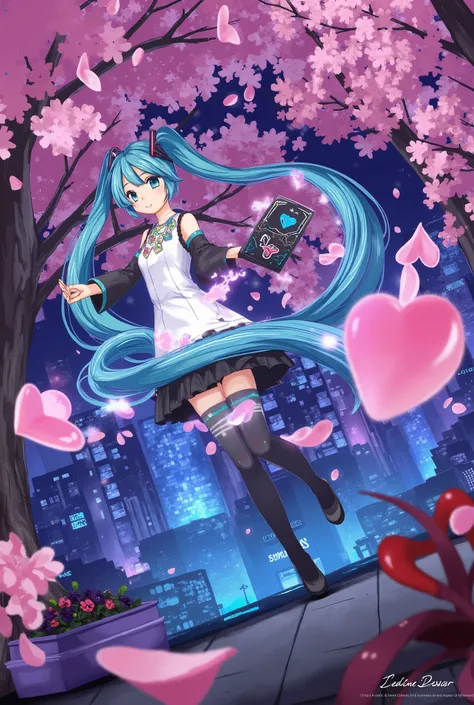 ( masterpiece、 top quality、 top quality、 Official Art、  beautiful and beautiful  :1.2)、( one girl:1.3) Hatsune Miku、 twin tails, beautiful breasts,I'm wearing cherry blossom petals are dancing in the city at night , She is standing under a cherry blossom t...