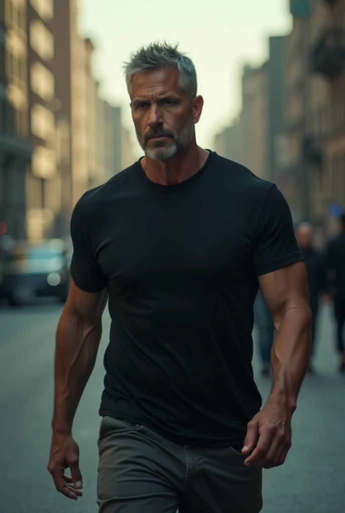 a stern athletic 50-year-old man in a black T-shirt walks, looks away, against the light blurred background of the city