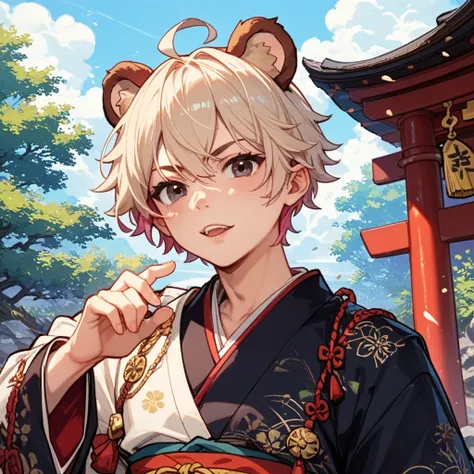 A single adult man、Bear ears、Refer to the image、The priest of the shrine、The image of the chief priest、 wearing Japanese clothes 、Is the hair navy or black、Are your eyes black or navy 、 Cool Expression 