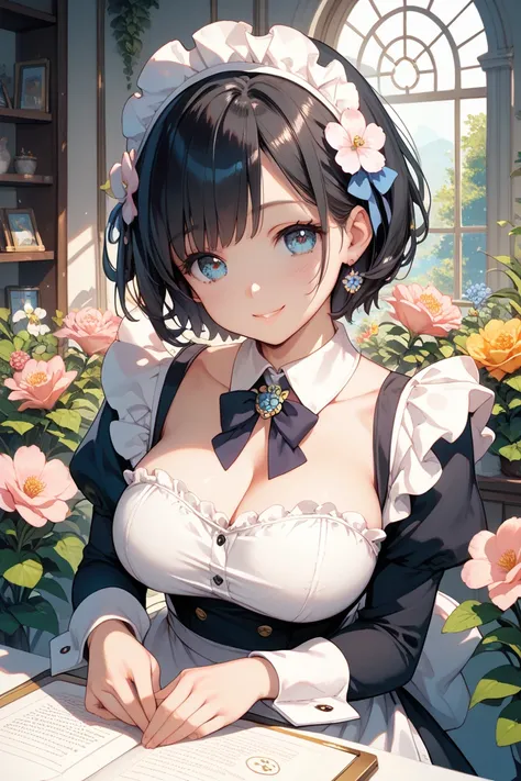 uncensored black hair, short hair, flower ornaments, cute smiles, beautiful big breasts, smart, neat, and beautiful, I love your husband, gorgeous cute smile, maid clothes, invite you to hug