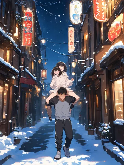 Man watches her from a distance while black haired girl has fun alone on snowy street. night. Men wearing sweatpants, the girl only has a blouse on top. they are both the same size