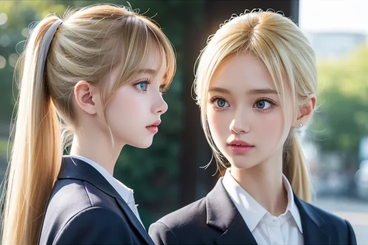  portrait、 school uniform、 ponytail、 Young, shiny, shiny white shiny skin 、Great looks、Reflected light on bright blond hair 、Beautiful bright blond hair with dazzling highlights 、 beautiful white girl 、 shiny bright hair ,、Smooth, super long, straight hair...