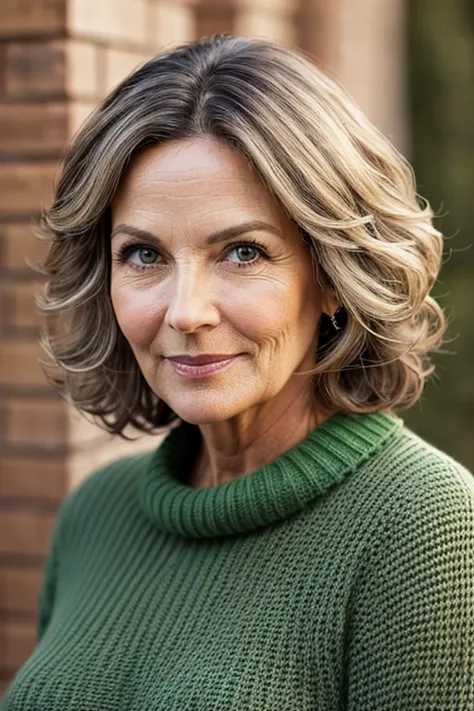 A mature-looking woman of 43 years, wavy and short dark blond hair, white skin color and brown eyes, wearing a green sweater 