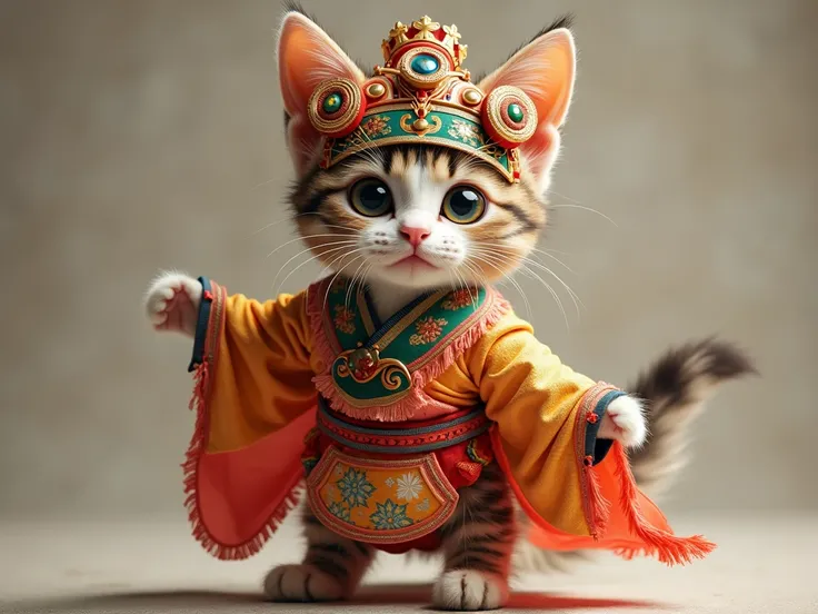 A cute cat dressed in traditional Beijing Opera costume, with elaborate makeup and a colorful headdress, exuding charm and playfulness.