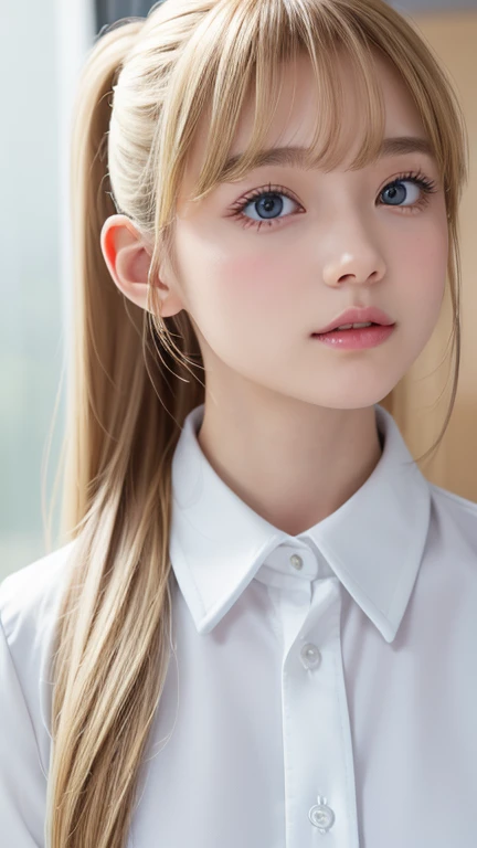  portrait、 school uniform、 ponytail、 Young, shiny, shiny white shiny skin 、Great looks、Reflected light on bright blond hair 、Beautiful bright blond hair with dazzling highlights 、 beautiful white girl 、 shiny bright hair ,、Smooth, super long, straight hair...