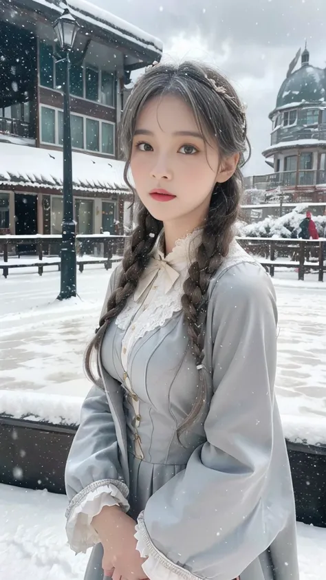  Photorealistic,  high res,  1 female, Alone, (Lolita Outfit )， gorgeous costume ， facing the audience ， upper body，Upper Leg，  beautiful eyes, Gray Hair, Contoured eyes, (outside，heavy snow， clock，Cover with snow)， snowfield