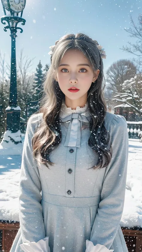  Photorealistic,  high res,  1 female, Alone, (Lolita Outfit )， gorgeous costume ， facing the audience ， upper body，Upper Leg，  beautiful eyes, Gray Hair, Contoured eyes, (outside，heavy snow， clock，Cover with snow)， snowfield