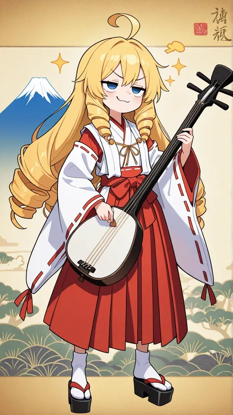 upper body, 
Solo, a girl, blonde, long hair, drill hair, ahoge, blue eyes, slant eyes, narrow eyes, a smug expression, 
BREAK, 
nontraditional miko, Black platform geta, 

holding shamisen and shamisen plectrum, Golden Japanese scenery background with an ...