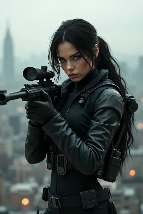 A beautiful woman, she is an assassin, she is in full gear,she is holding a sniper rifle on a rooftop 