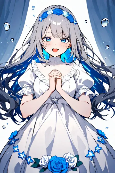  twin girls　 gray hair semi-long 　 inner color　 blue eyes　They're putting their hands together and laughing　Water Drop　 glitter　 high definition　The white dress flutters　 blue floral ornament 　 delicate touch 　