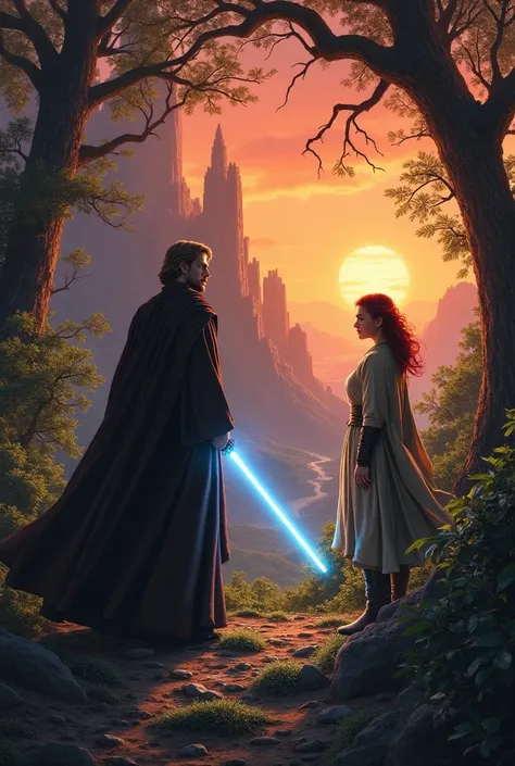 Master Jedi Luke Skywalker and Mara Jade Skywalker, now a united front, tracking Jacen Solo to the remote planet of Kavan. The scene unfolds amidst a mystical forest, with ancient ruins peeking through dense foliage. Luke, clad in traditional Jedi robes, w...