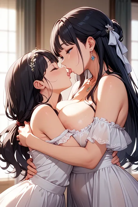  beautiful girl､beauty､２ women over､Big Breasts、 popup､ saggy breasts during pregnancy､Mother and Daughter､ height difference､ black hair､ hug each other､Kiss､ディープKiss