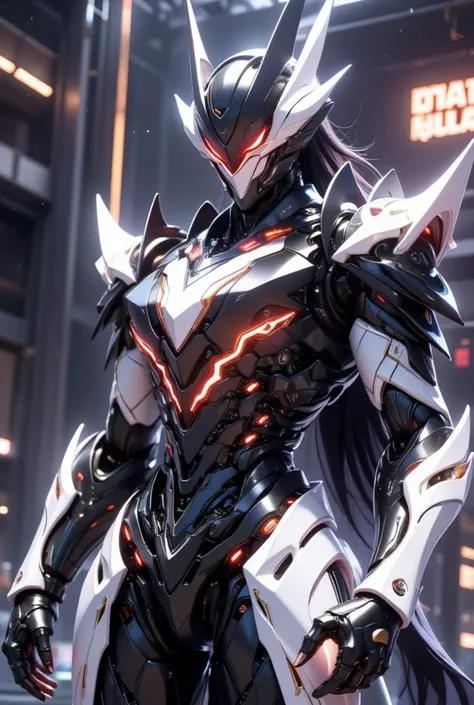 A cool robot with red glowing eyes, no hair, and a dark black and bright white body from the front