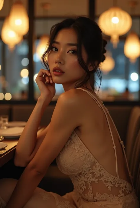 A25-year-old Japanese woman with a well-groomed face and large eyes that are characteristic and very beautiful

masterpiece best quality, photorealistic fashion portrait set in a luxurious interior, reminiscent of an upscale restaurant at night. The adult ...