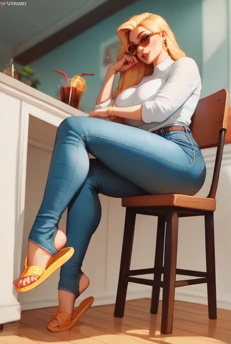 margret stalizburg,white shirt,tight thicc jeans, yellow Flip flops, sitting on a stool chair 