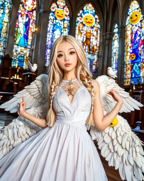 Female angel (age:1.2)、(nationality:1.2)、(Detailed description of clothing :1.2)、( Accessories:1.2)、( facial features :1.3)、( Emoji:1.2)、(Body Type:1.2)、( pose :1.3)、青いeye、((loose white dress with drapes)) (Detailed description of clothing :1.2) Wearing、 l...