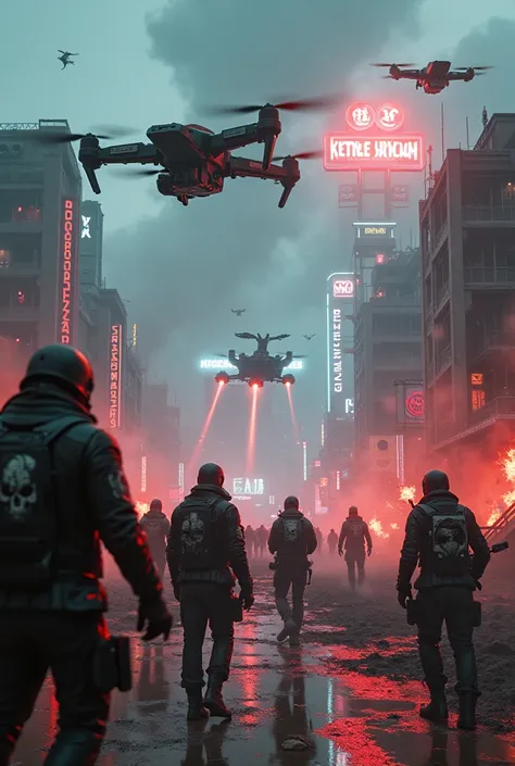  An impressive aerial view of a futuristic cyberpunk battlefield ,  captured by an advanced war drone as it soars over the devastation .  punk-rock warriors with reinforced leather jackets ,  with ruined cyber-Gothic skyscrapers ,  neon flames burning thro...