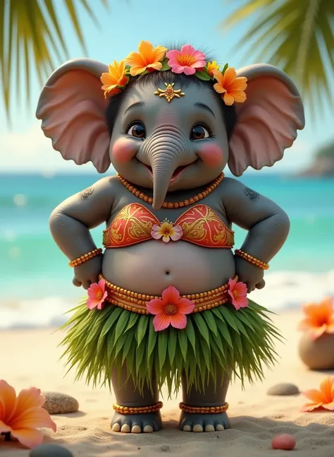 photorealistic portrait of Dressed animals - a ((fat)) (baby elephant) hula dancer,(art by Carne Griffiths),(happy smile:1.2),(), high quality,(lovely) 8hands on hips),, ((female hula dance costume)) ,highly detailed flower decorations, wearing bikini top ...