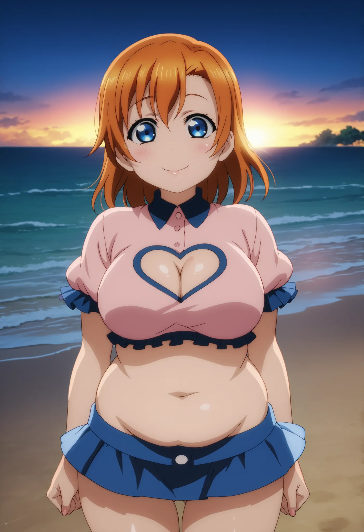 TRexStudio,source_anime, anime screencap,Shiny skin, kousaka honoka, orange hair , blue eyes,big breasts,dynamic lighting, detailed shading,beach, HENTAI , short skirt, pink cropped blouse,overhang,heart cleavage cutout, short sleeves, shy ,smile, looking ...