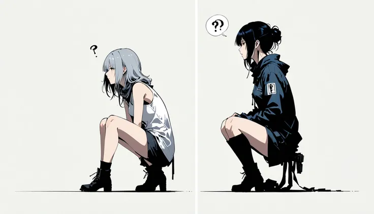 ( Ashley Wood Style :1.1), 
 1 girl, open your knees and align your legs,?,Vast white space ,Dodge Blue | grey_background,minimalist background, sitting,The bottom of the screen ,( side :1.5),From the side, comics,