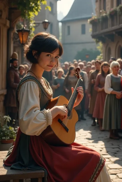  medieval,  A sweet young minstrel girl  (perky look ,  dark short hair,  grey eyes, Bard's Attire,   playing for the audience ,),  she is sitting on a bench in front of the tavern ,  she has Lutna-Teorb ,  the background of a medieval city , spectators ( ...