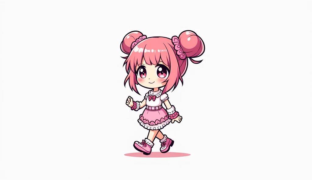 Here's your updated prompt with a focus on line art style:  

**"A cute chibi girl with pink hair walks confidently, her big, sparkly eyes full of charm. Her hair is styled in playful twin buns with a few loose strands framing her round face. She wears a s...