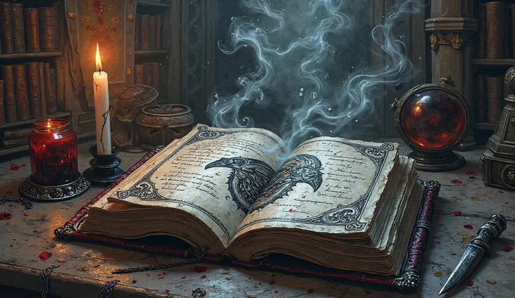 Create a hauntingly beautiful illustration of a grimoire dedicated to mysteries and dark secrets. The cover should be made of deep black leather, textured to resemble the surface of a starry night sky, with silver and crimson accents. An intricate design o...