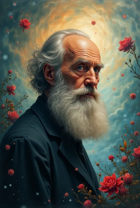 I want you to create a surealist picture of Tolstoy that looks like a painting. It’s dimension must fit on samsung galaxy a34 screen.