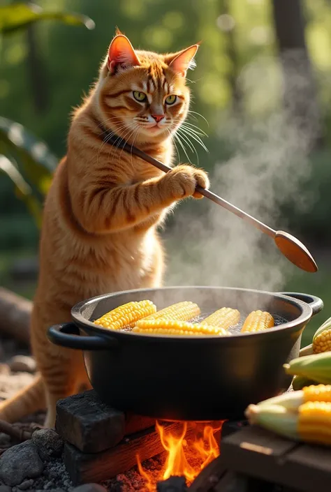 "A highly detailed, hyper-realistic image of the same orange tabby cat with green eyes, standing on its hind legs and carefully stirring a large pot of boiling water over a traditional outdoor stove. Wisps of steam rise from the bubbling water as golden ea...