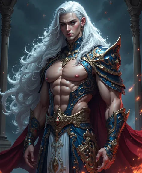 award winning studio photo of beautiful powefull lion king god, epic pose, white hair,  (close up:1.2), (ultra detailed:1.4), lots details,  hdr, (luxary holographic dress :1.4), (cloak:1.2), (complex patterns:1.2),  (ancient caligraphy:1.2), muscles, sixp...