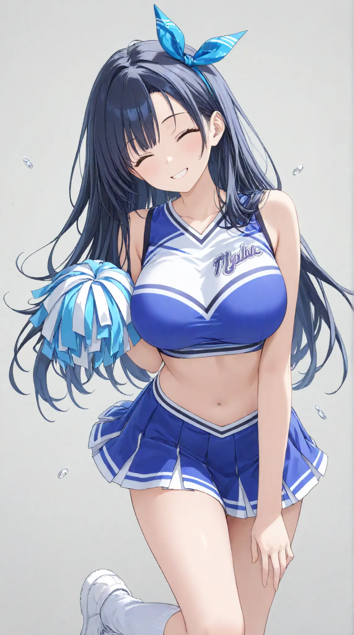 Big Breasts,   long hair,   black hair , bangs,    ,  smile,  ,  smiles,   , （One girl 1.5）, blue hair ribbon、（ 1.5）solo、 cheerleader