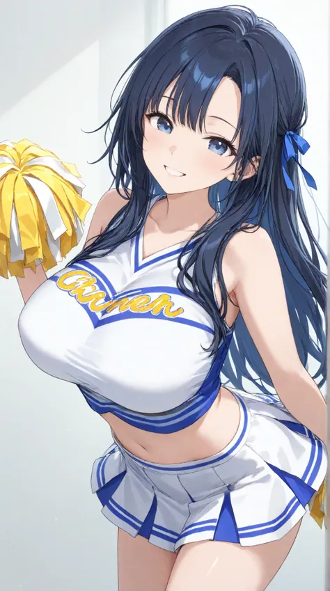 Big Breasts,   long hair,   black hair , bangs,    ,  smile,  ,  smiles,   , （One girl 1.5）, blue hair ribbon、（ 1.5）solo、 cheerleader