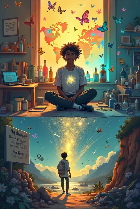 **Image 1: "Mapping the Self"**  
**Prompt:** A student sits cross-legged in a cozy room, surrounded by floating puzzle pieces that depict symbols of their interests (books, paintbrushes, microscopes). One puzzle piece slots into their forehead, glowing so...