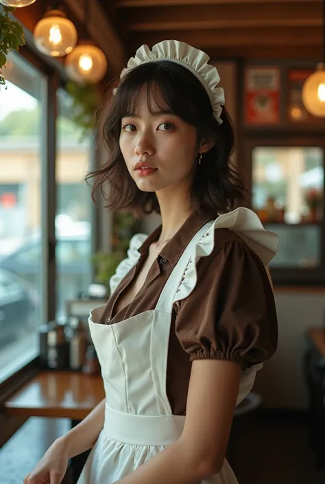  woman posing in short jeans and short t-shirt filmed on expired film ,            touching clothes            , 期限切れの           shot on film           ,       woman posing in maid clothes in the coffee shop on expired film Taken with a {x}         Hasselb...