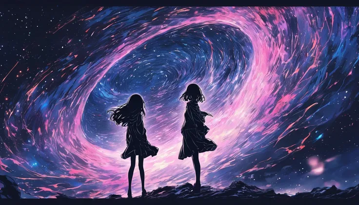 ( top quality,  sketch:1.2),  Epic Realistic ,(Super detailed support), illustrator ,Anime, 1 girl,  detailed labia,custom,  gradient background ,Neon Hair, Textures Cropping ,  masterpiece, Anime, Woman standing and staring at a black hole,  I'm Wearing S...