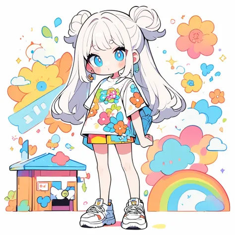 ( Masterpiece,  top quality:1.2),  cartoon style character design。  pure white background ， 1 girl,  alone， big eyes，  cute expression  ，Two buns hair，Floral Shirt，Work clothes， white sneakers，stand，Interesting，Interesting， clean lines，  plain background i...