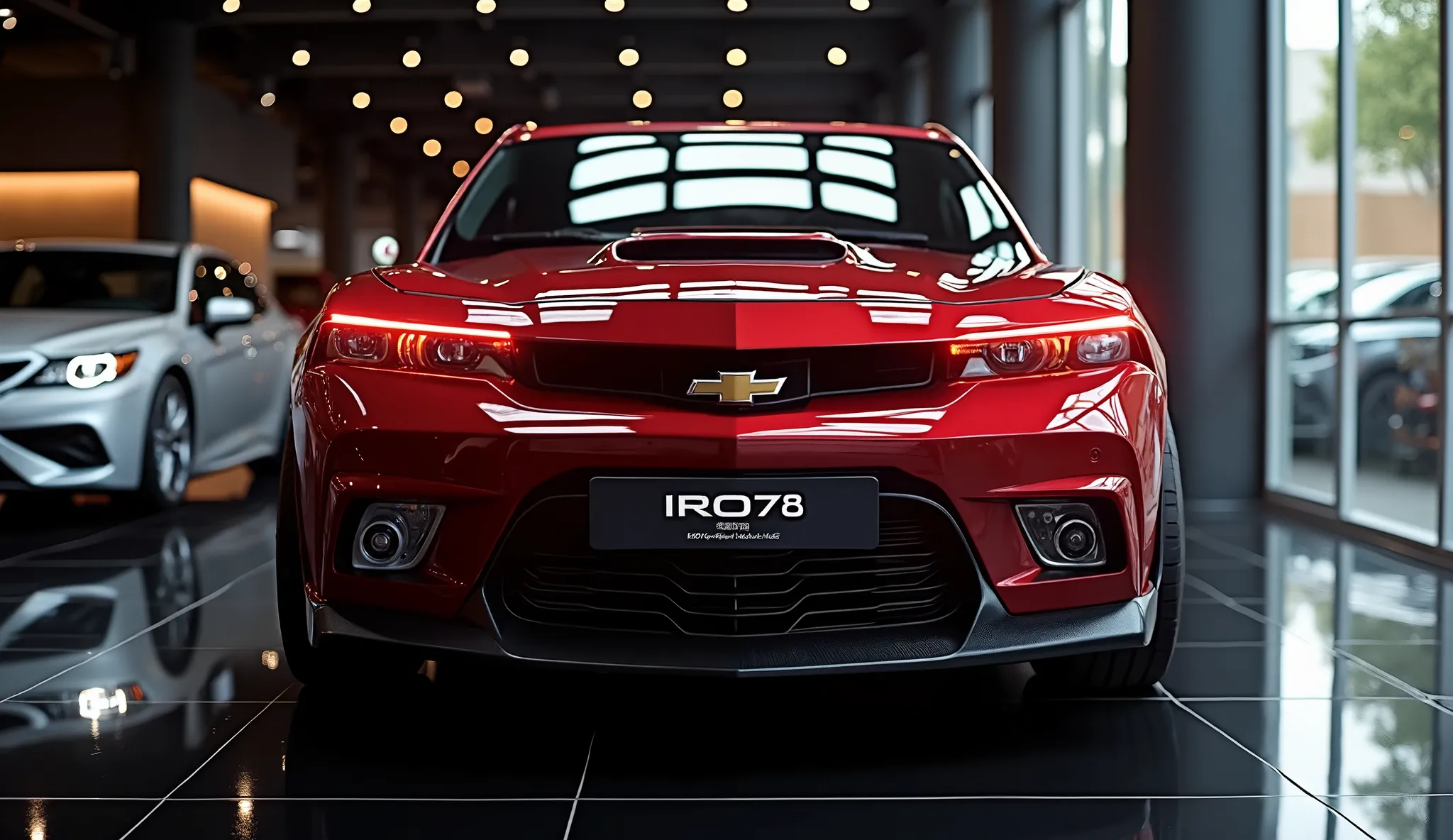 Front view of painted white with shiny clour 2025 Chevrolet IROC-z28 sleek in large shape sedan in large size with Chevrolet logo on its large detailed grille in shiny Red clour with angular sporty design captured from close front view with modified sleek ...