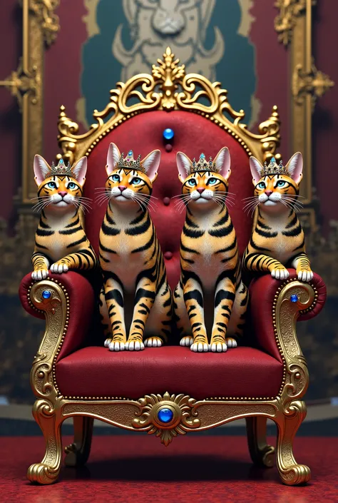 4 bengal cats in one crown on the head,sitting on a throne behind them a picture in a wooden frame incrusted with precious stones