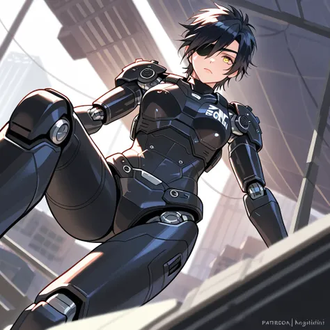 robocop, solo, assault visor, cyborg, science fiction, robot joints, helmet,shokudaikiri mitsutada,black hair,yellow eyes,black eye patch,eye patch on right eye,nagiichixl, femboy,